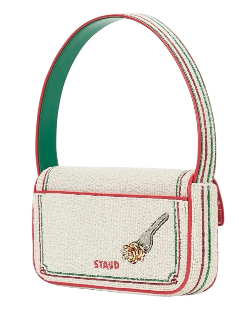 STAUd Tommy Beaded Bag Tomato Print Bag Red White Hand Beaded Designer Purse NWT - Picture 6 of 10